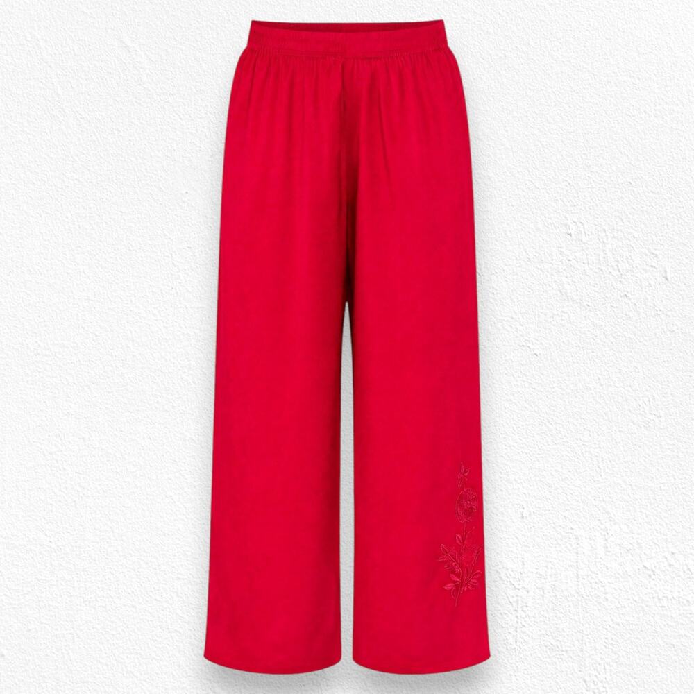 Vintage 90s Josephine Chaus Red Silk Embroidered Wide Leg Pants Size Large